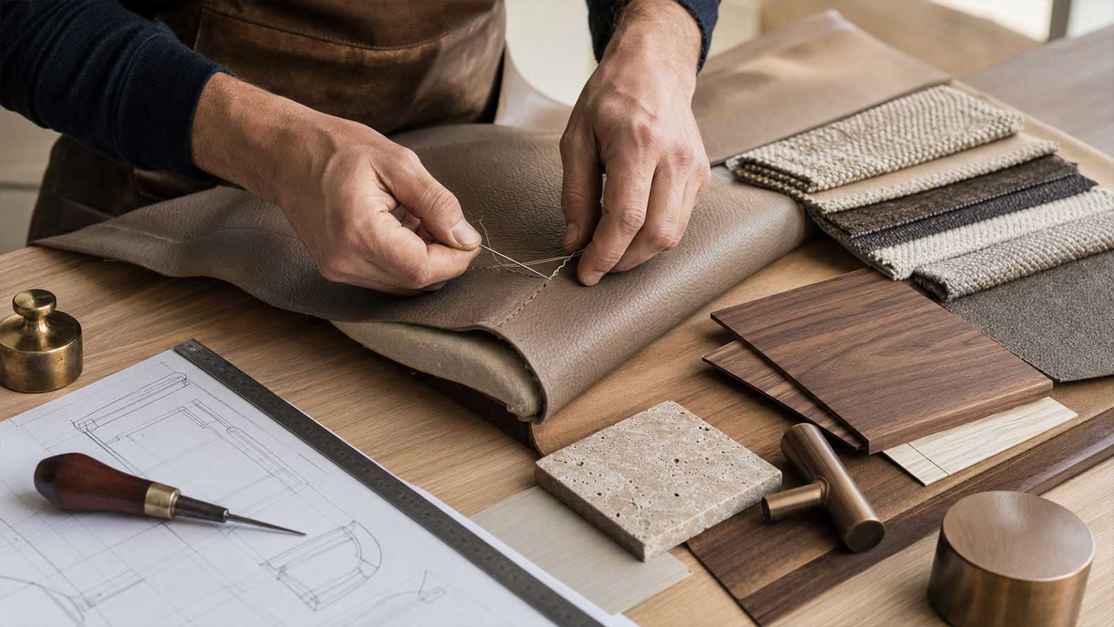 Handwerker näht Leder von Hand neben individuellen Materialmustern