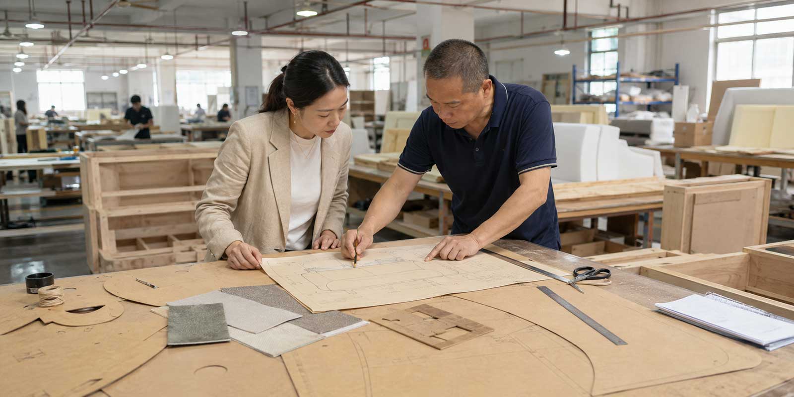 Innenarchitekt arbeitet mit einem Hersteller maßgefertigter Möbel