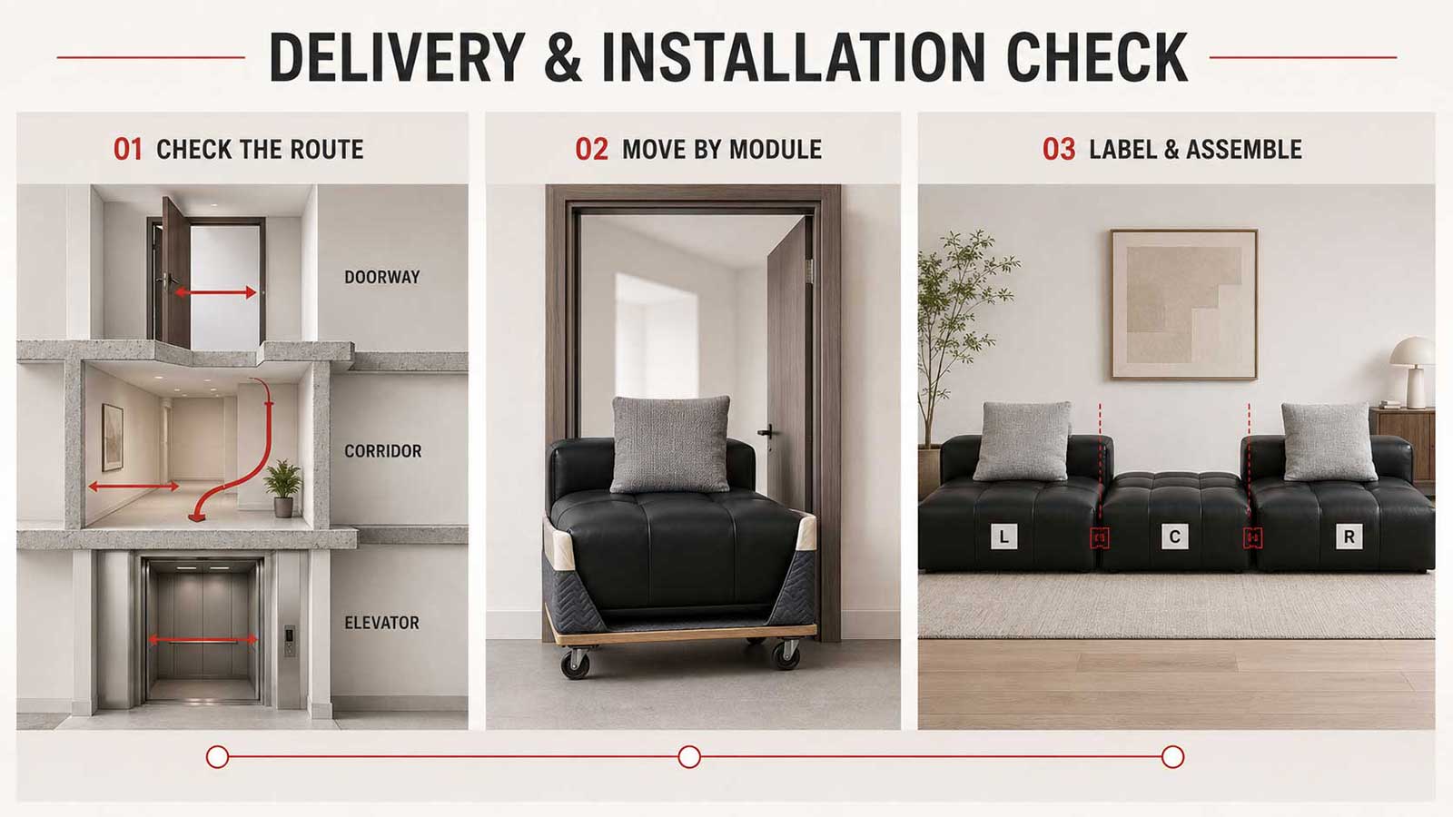 Checkliste für Lieferweg, Modulhandhabung und Installation eines maßgefertigten Sectional-Sofas
