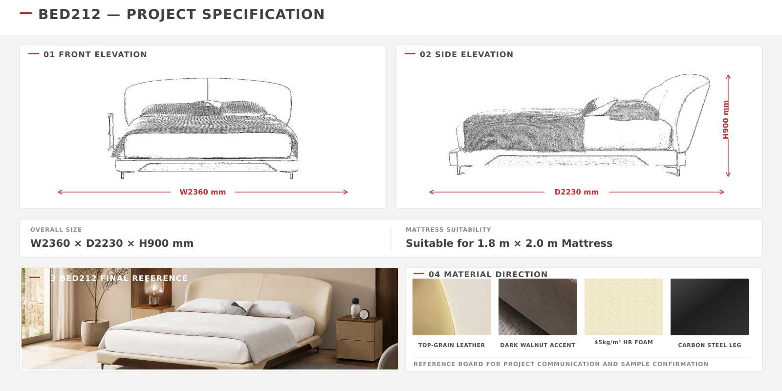 Projektspezifikation für ein Polsterbett mit Zeichnungen und Materialmustern