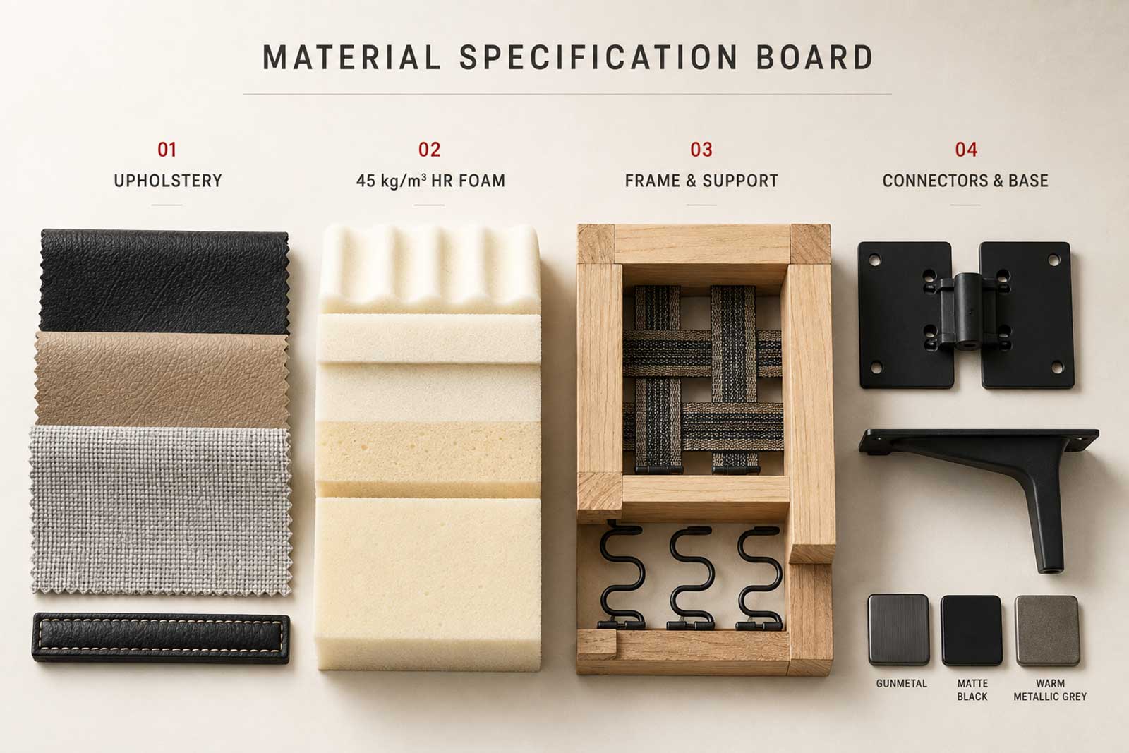 Optionen für Bezug, Schaumstoff, Rahmen und Verbinder bei maßgefertigten Sectional-Sofas