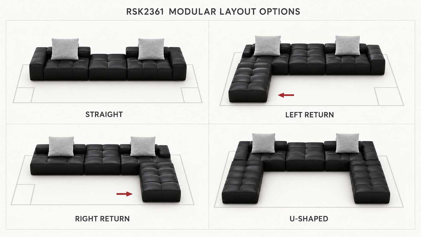 RSK2361 maßgefertigte Sectional-Sofa-Layouts: gerade, Rücklauf links, Rücklauf rechts und U-förmig