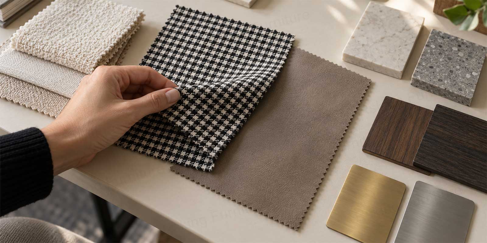 Upholstery, stone, wood veneer and metal finish samples arranged for custom furniture material review