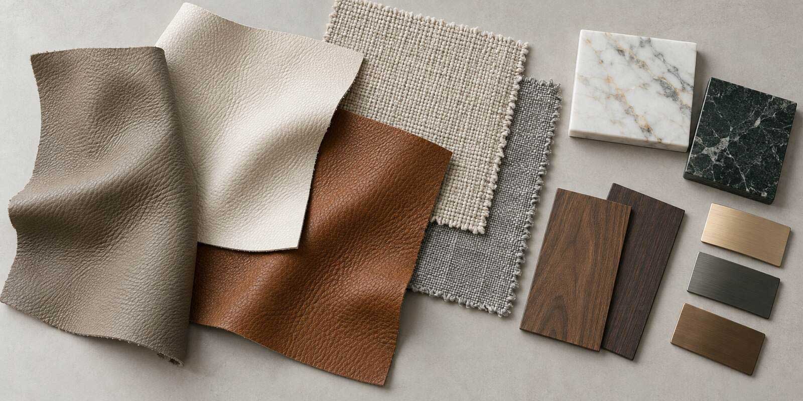 Leather, fabric, stone, wood veneer and metal finish samples for custom furniture