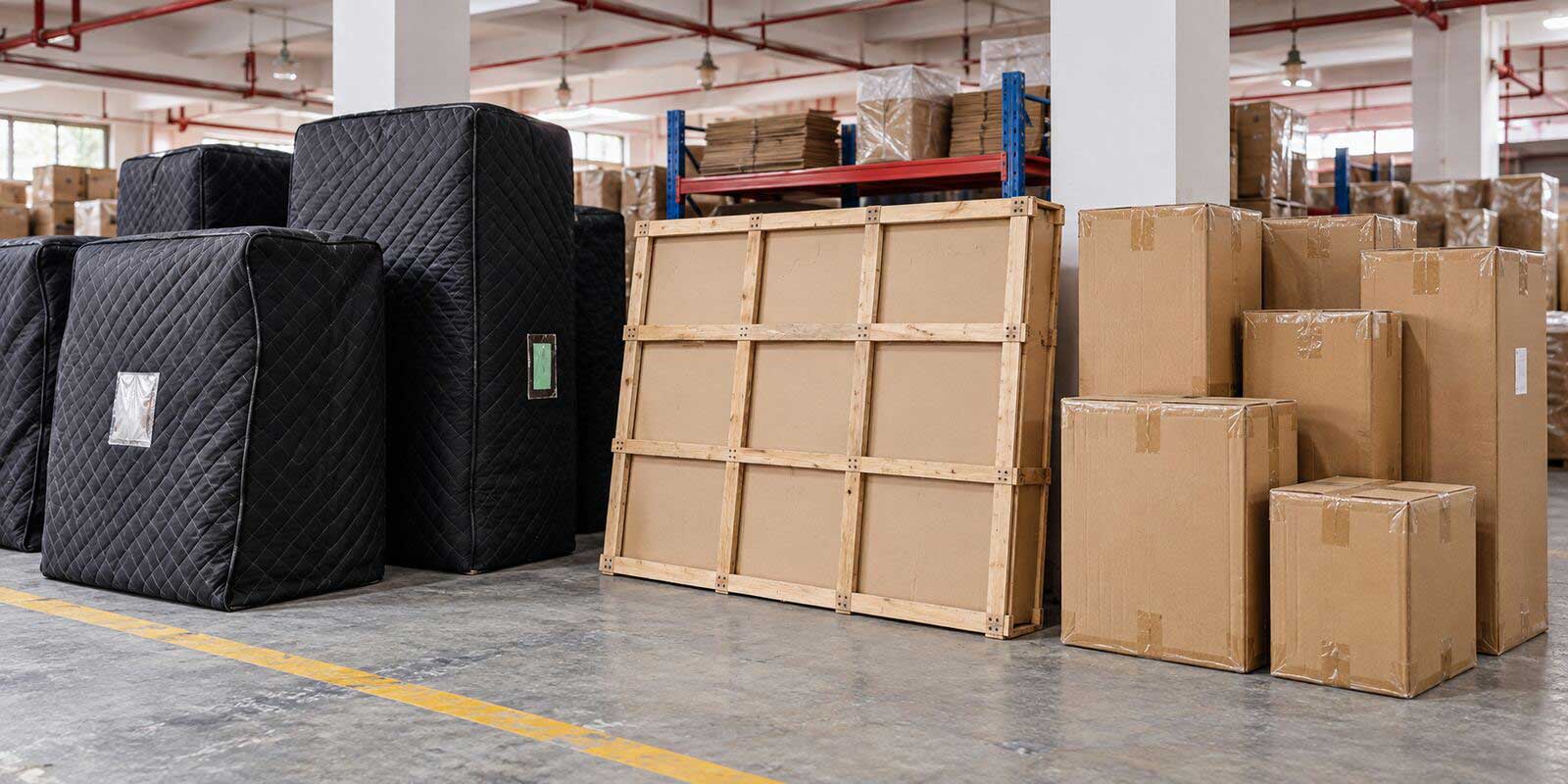 Illustration of quilted furniture covers, timber-reinforced flat packaging and sealed cardboard cartons