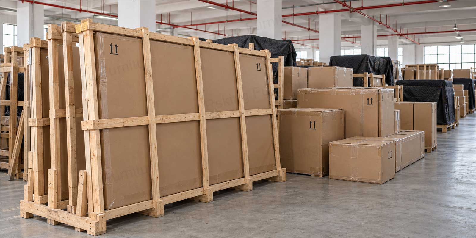 Illustration of furniture cartons and timber-reinforced flat packages awaiting dispatch in a warehouse