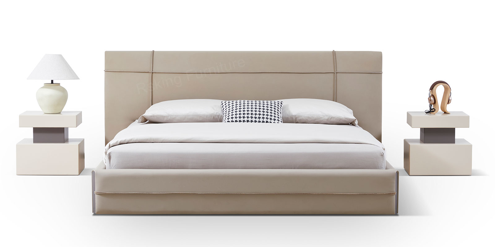 BED051 Upholstered Platform Bed with Geometric Headboard