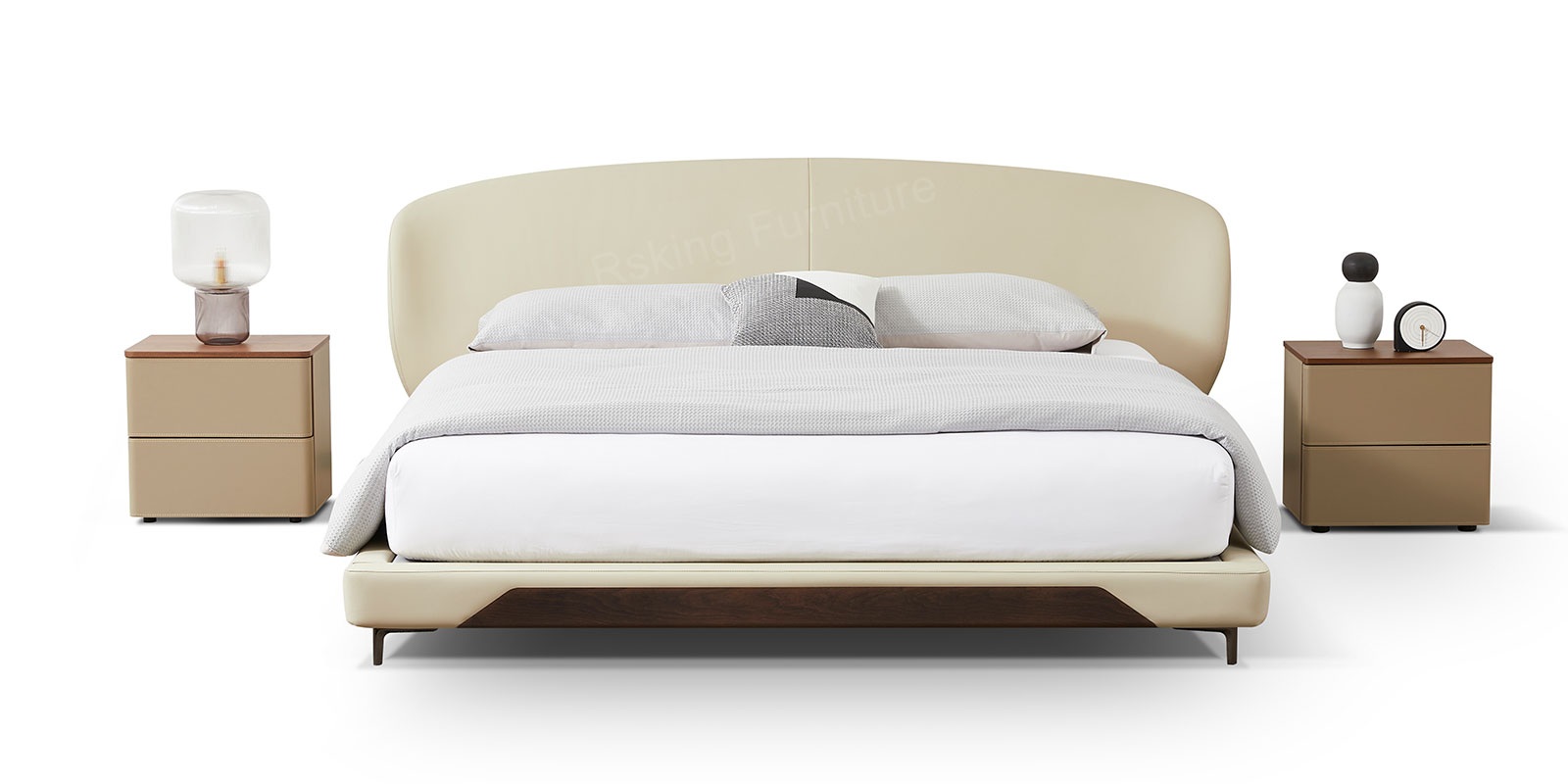 BED212 Upholstered Bed with Curved Headboard and Wood Accent Panels