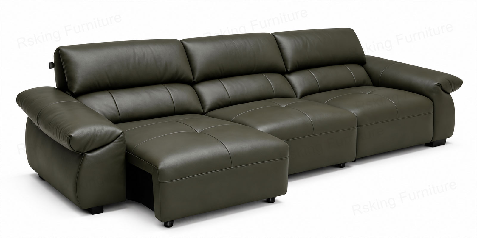 Rsking RSK2692 olive green three-seater sofa with one seat extended forward and wide padded arms