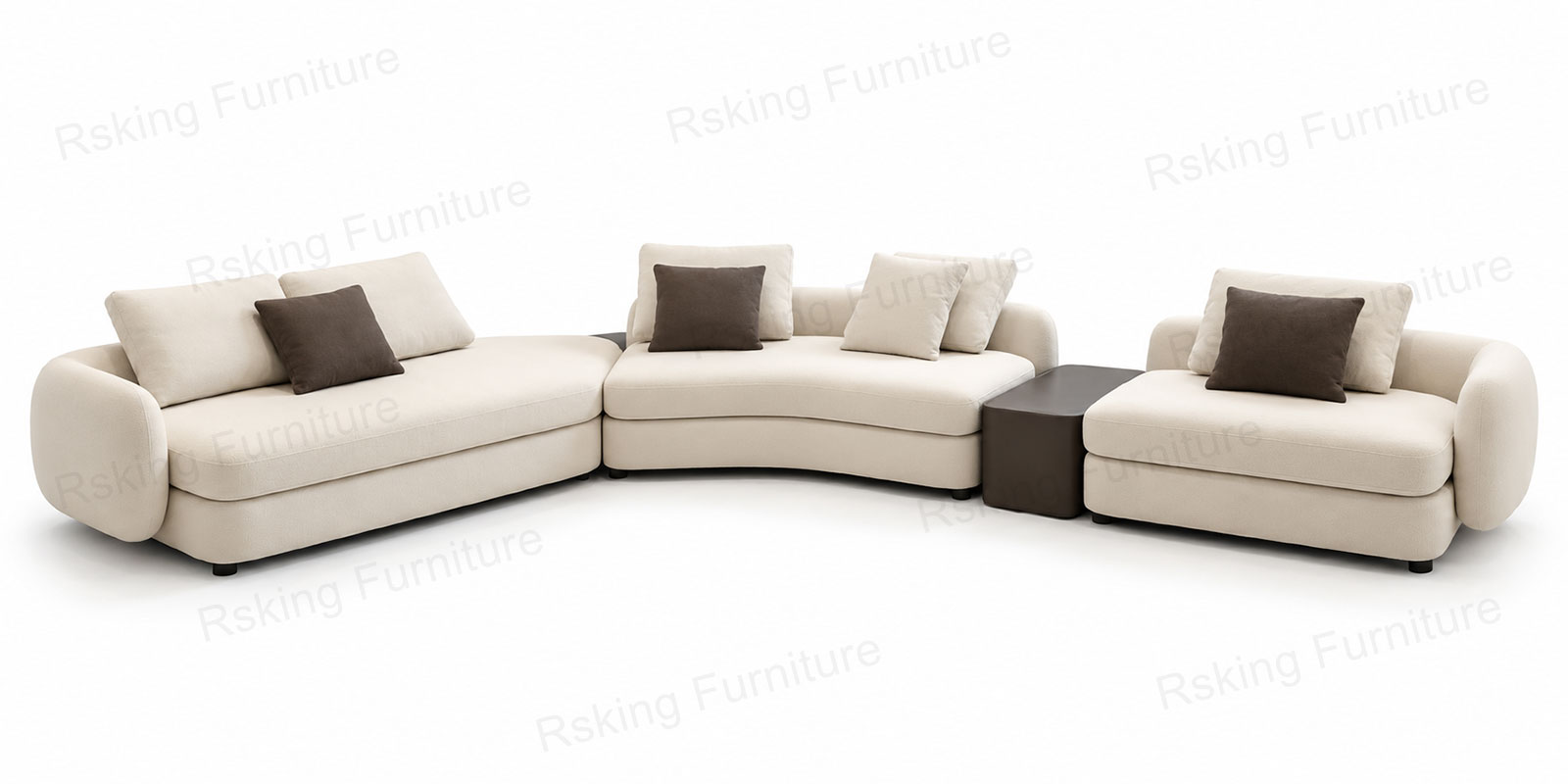 Front view of the Rsking RSK2334 cream curved sectional sofa with rounded arms and a dark connecting table