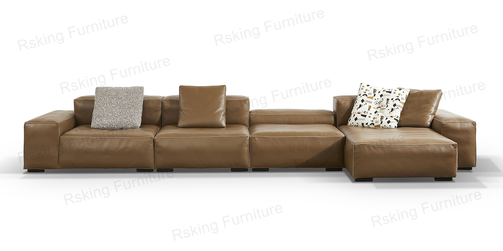 Front view of the Rsking RSK2506 caramel brown sectional sofa with chaise and a lower central back section