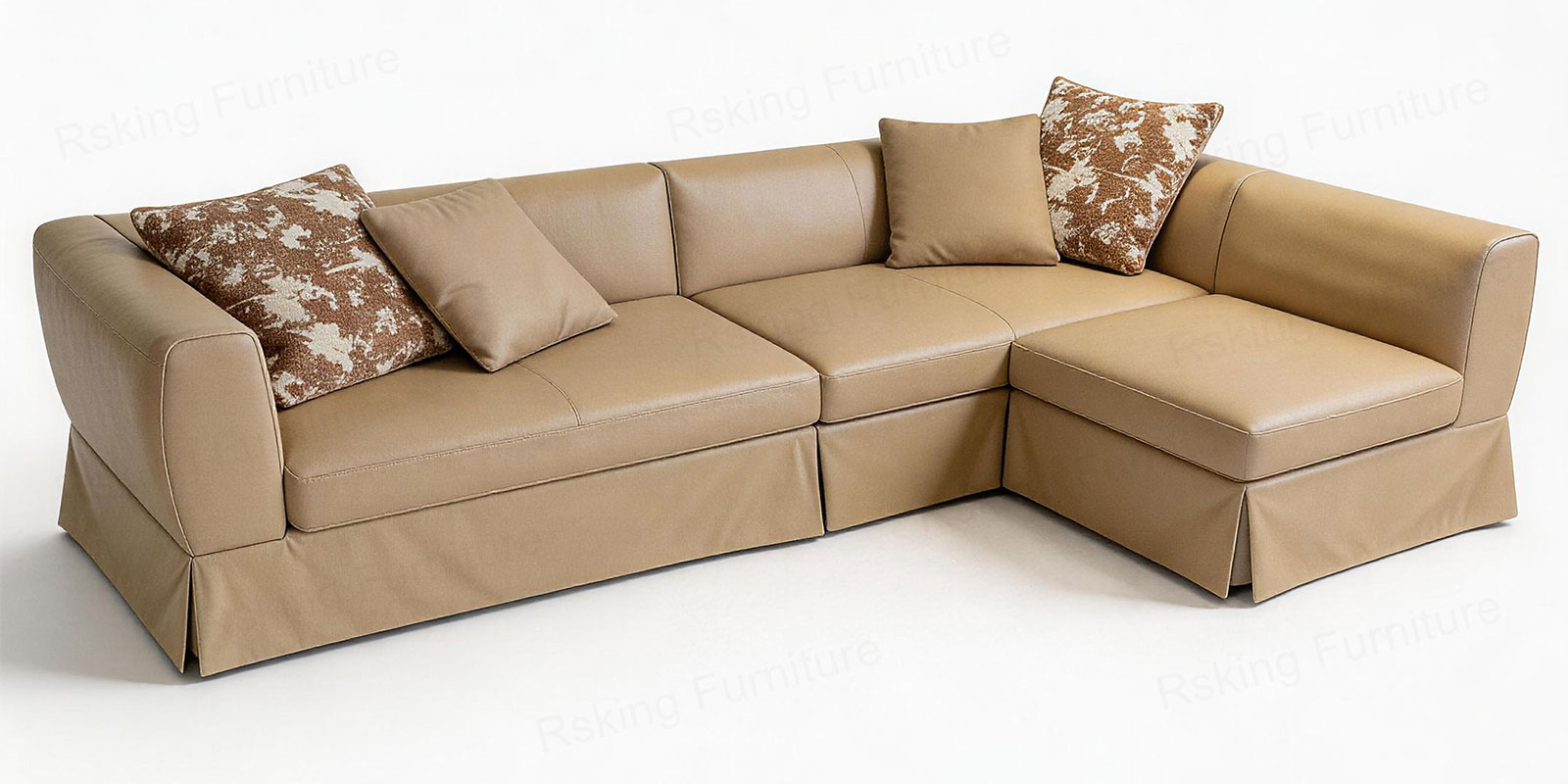 Front view of the Rsking RSK2606 beige leather sectional sofa with an L-shaped layout, piped cushions and skirted base