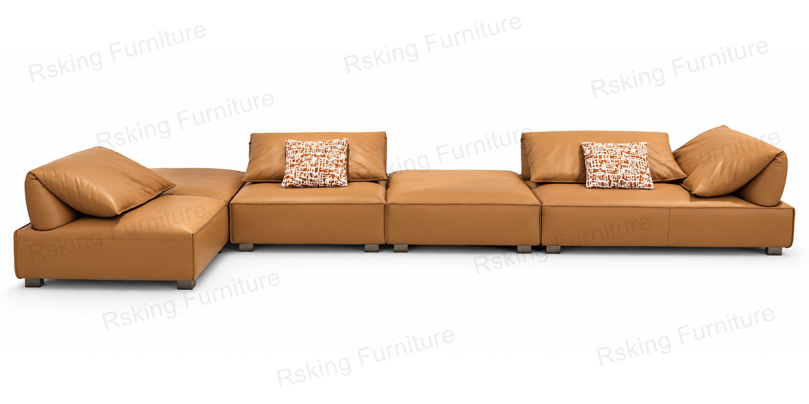 Front view of the Rsking RSK2515 caramel brown modular leather sofa with open seating and angled back cushions