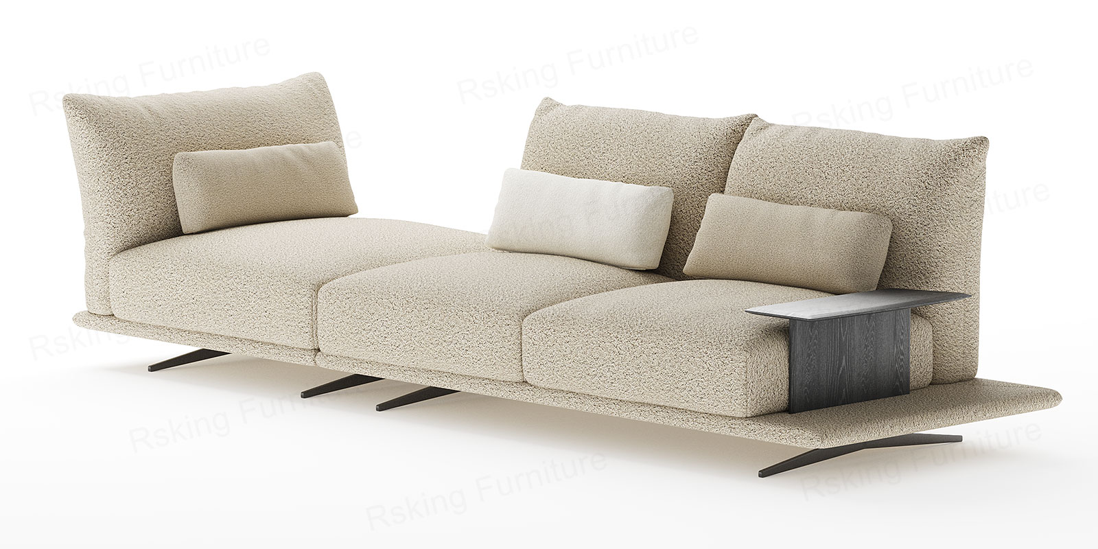Angled view of the chenille sofa showing broad seat cushions, a wood armrest and slim dark steel legs