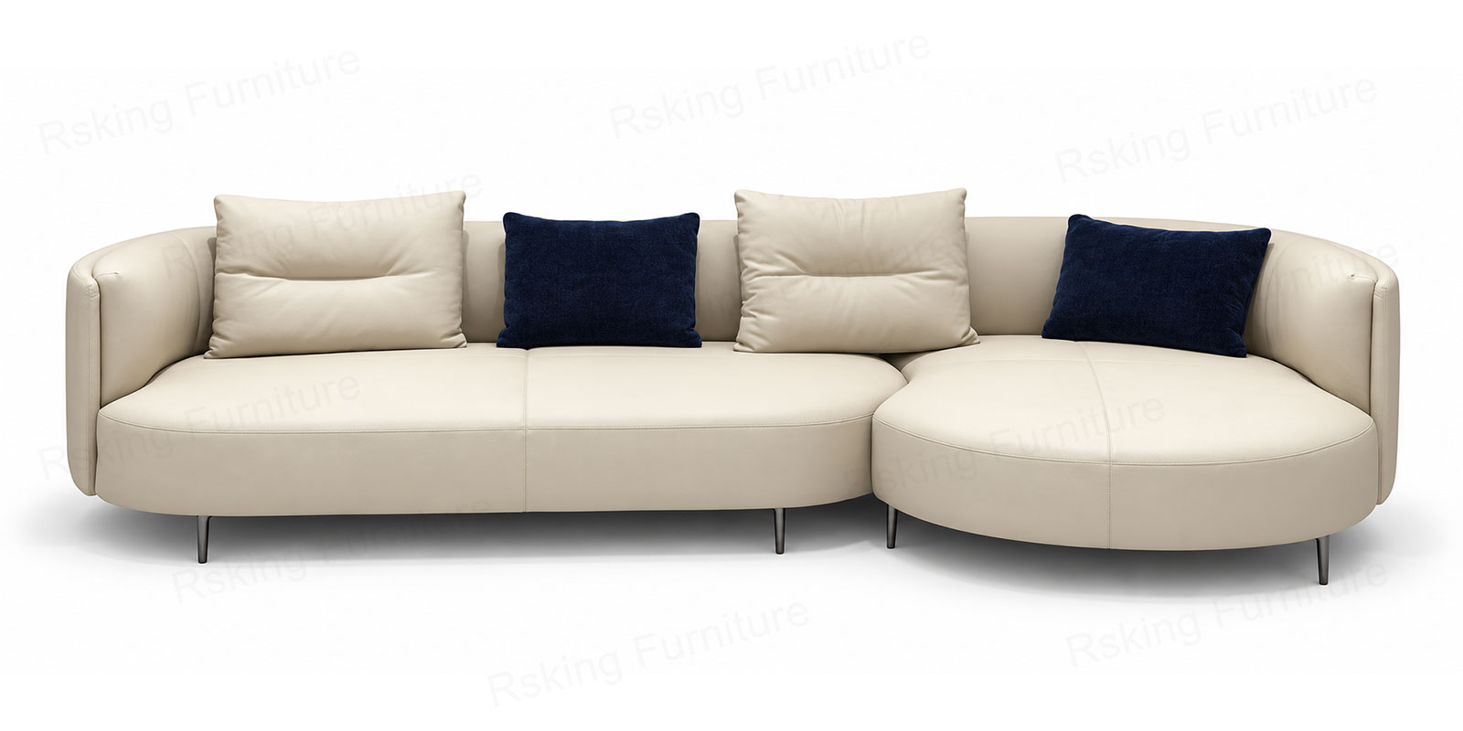 Front view of the Rsking RSK2308 cream curved sofa with rounded chaise and beige and navy pillows
