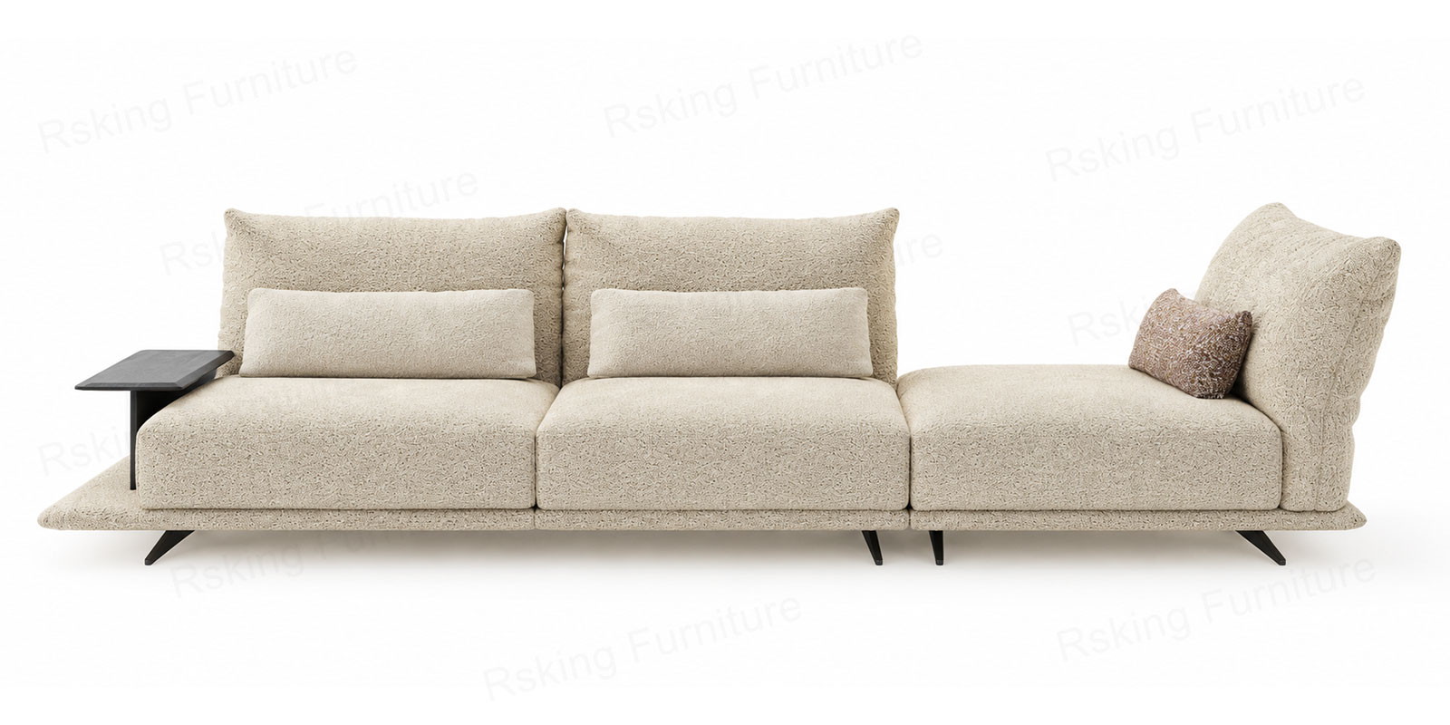 Front view of the Rsking RSK2661 off-white chenille sofa with lumbar pillows and a dark wood armrest