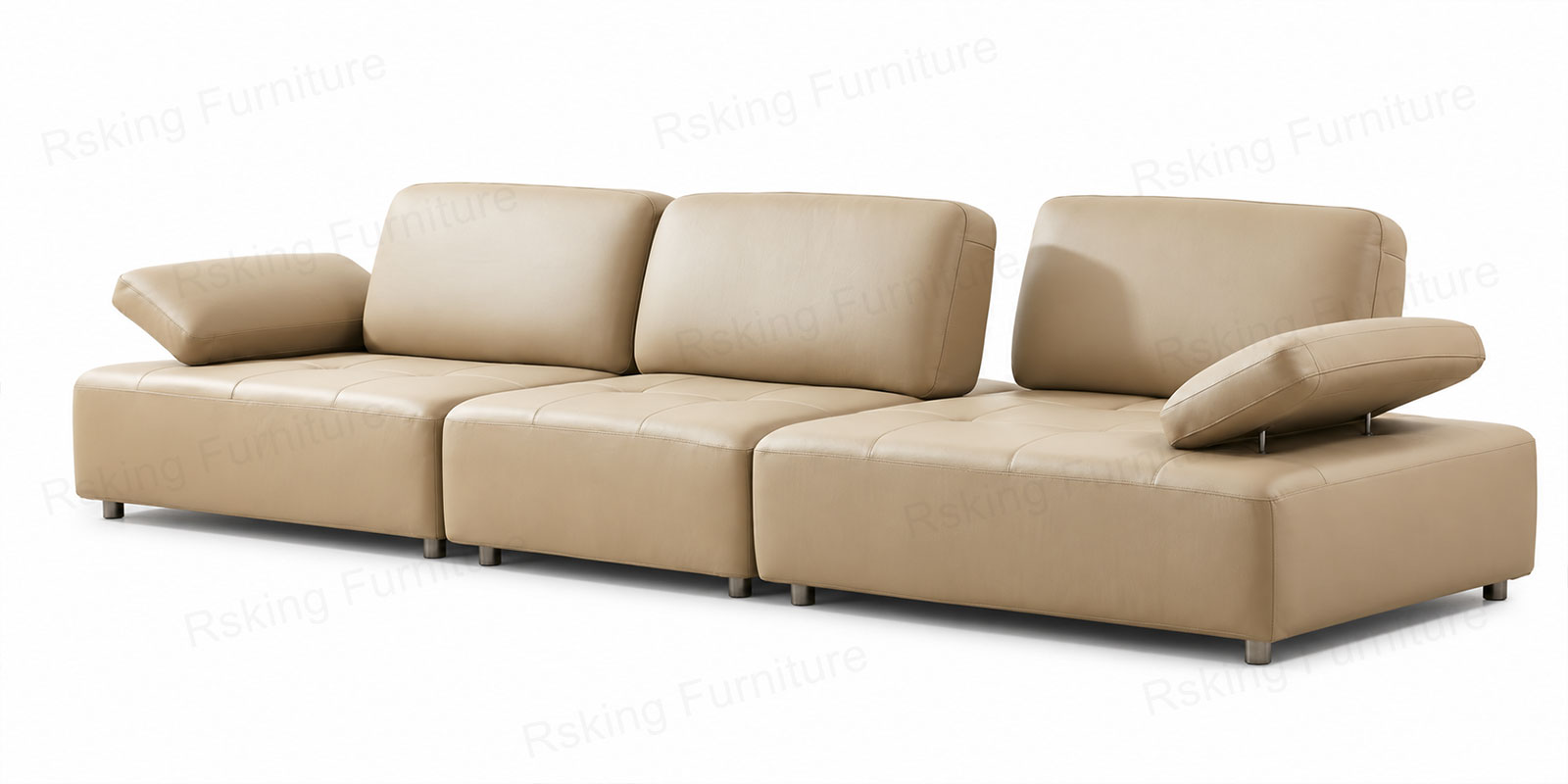 Rsking RSK13-B cream-beige modern leather sofa with three modules and raised armrests, angled front view