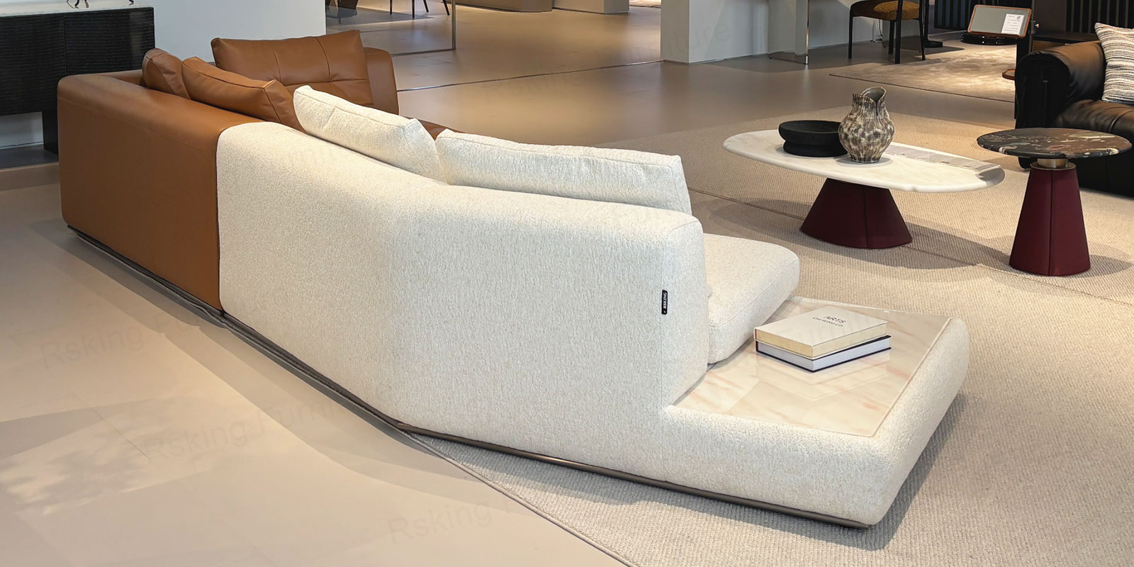 Rear view of the Rsking RSK2518 showing the cream wraparound back, caramel section and integrated marble end surface
