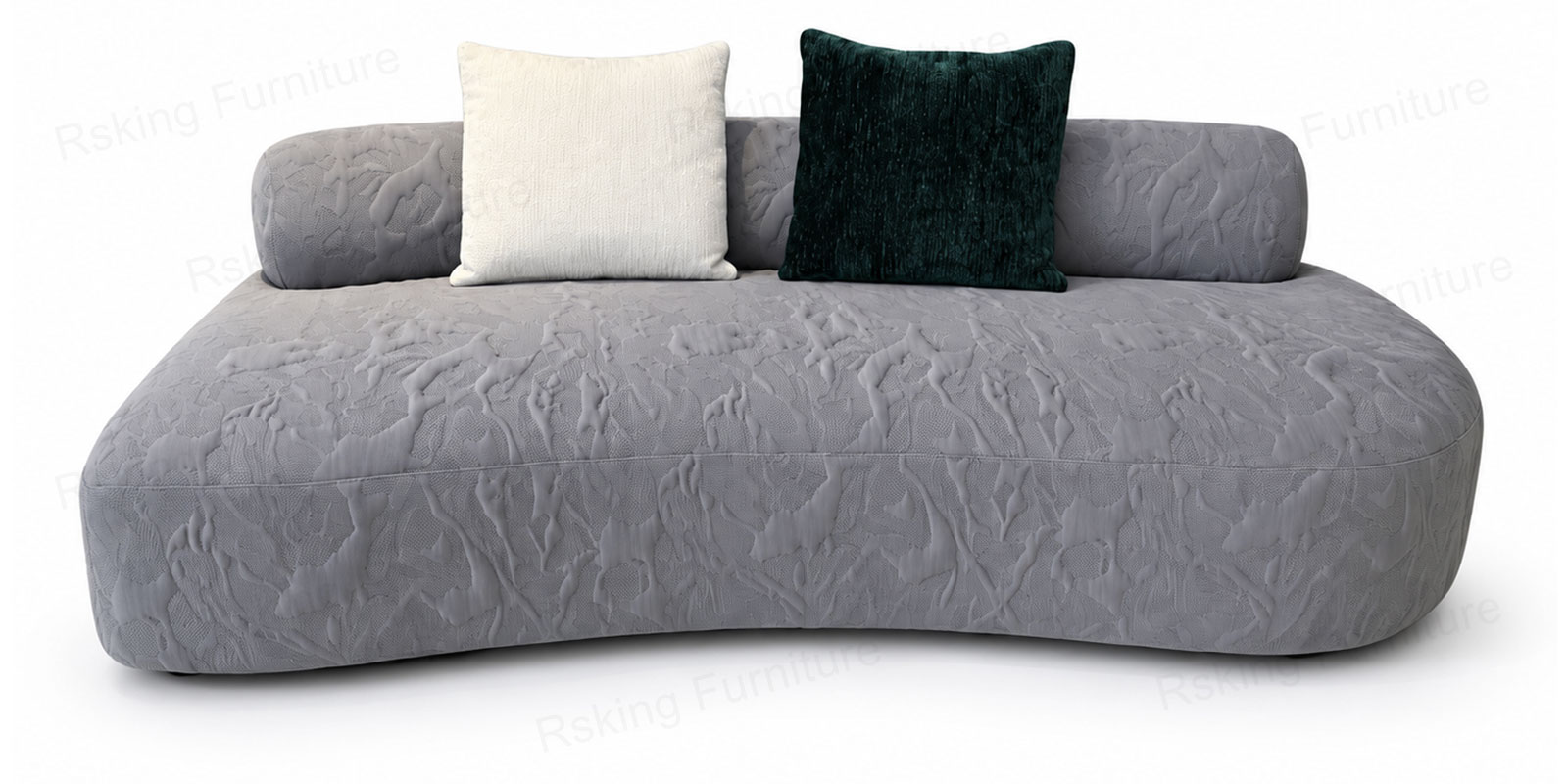 Front view of the Rsking RSK2422 gray armless fabric sofa with rounded ends and cream and deep green pillows