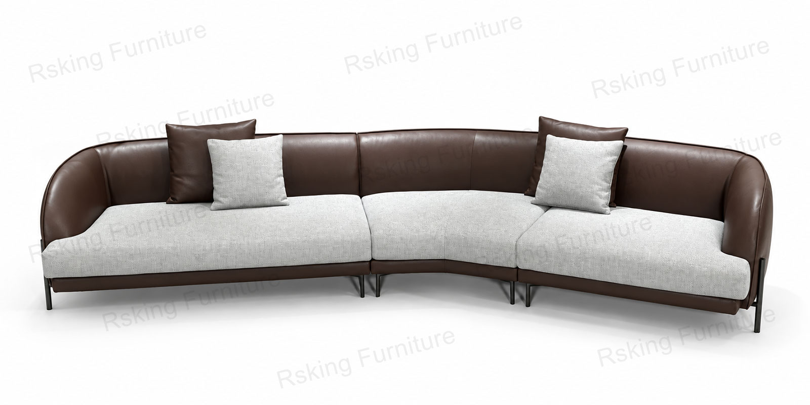 Front view of the Rsking RSK2532 curved sofa with brown leather surround and pale fabric seat cushions