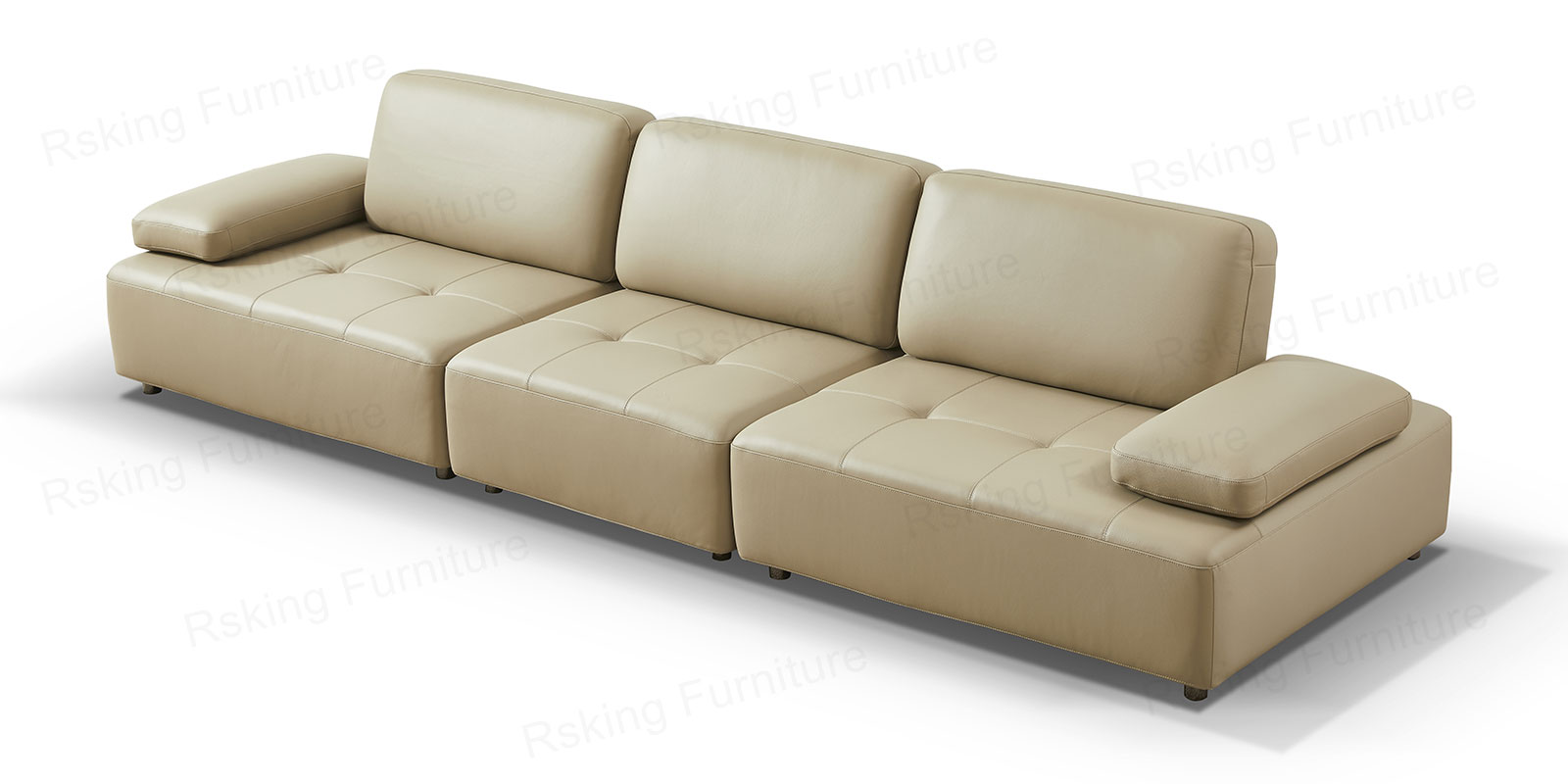 Elevated view of the Rsking RSK13-B cream leather sofa with grid-stitched seats and lowered armrests