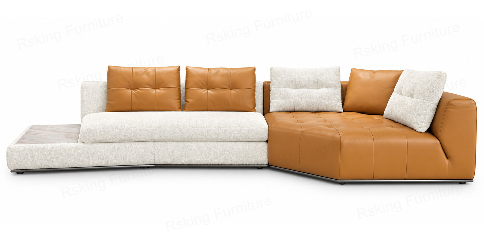 Front view of the Rsking RSK2518 sectional sofa with cream and caramel upholstery, a tufted seat and an integrated marble end surface