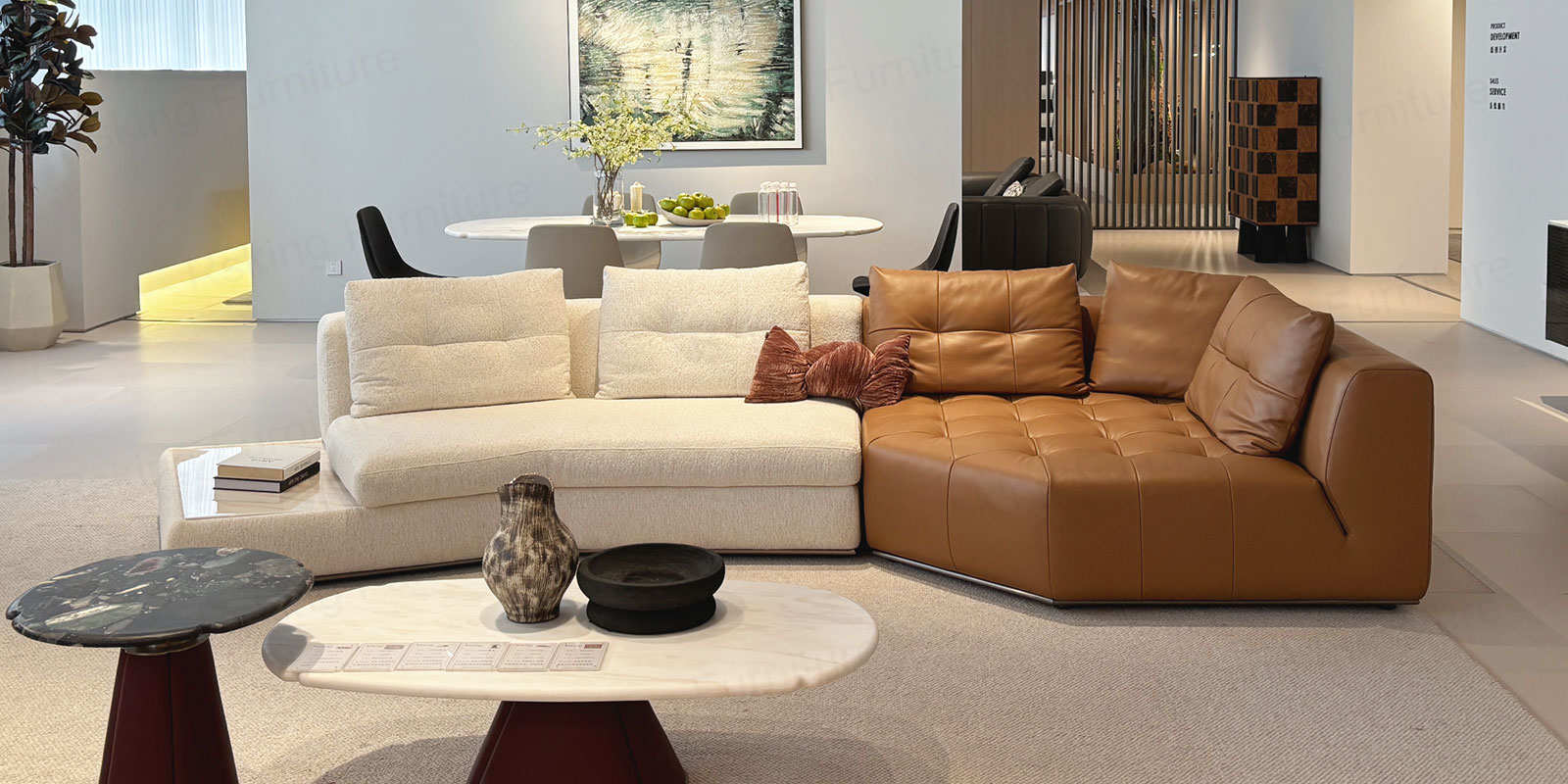 Rsking RSK2518 sectional sofa with a cream seat, caramel tufted section and contrasting back cushions