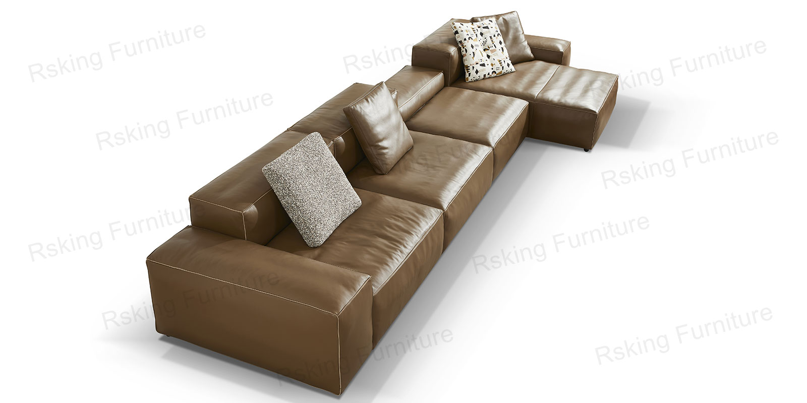 Elevated angled view of the brown leather sectional showing broad seats, square arms and a chaise