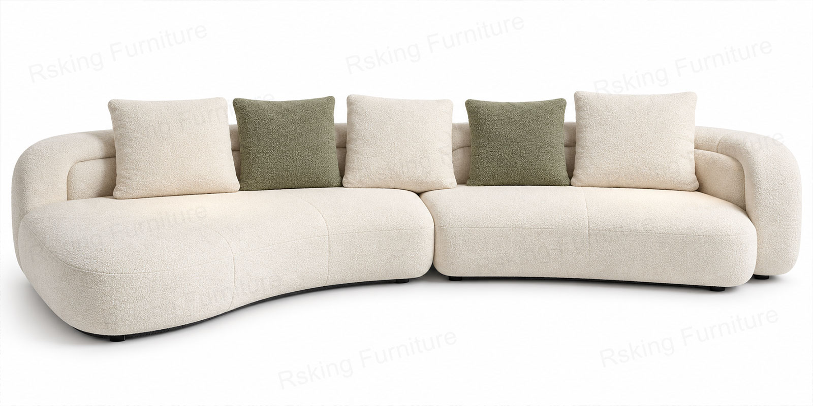 Front view of the Rsking RSK2560 cream chenille sectional sofa with rounded chaise and cream and green back cushions